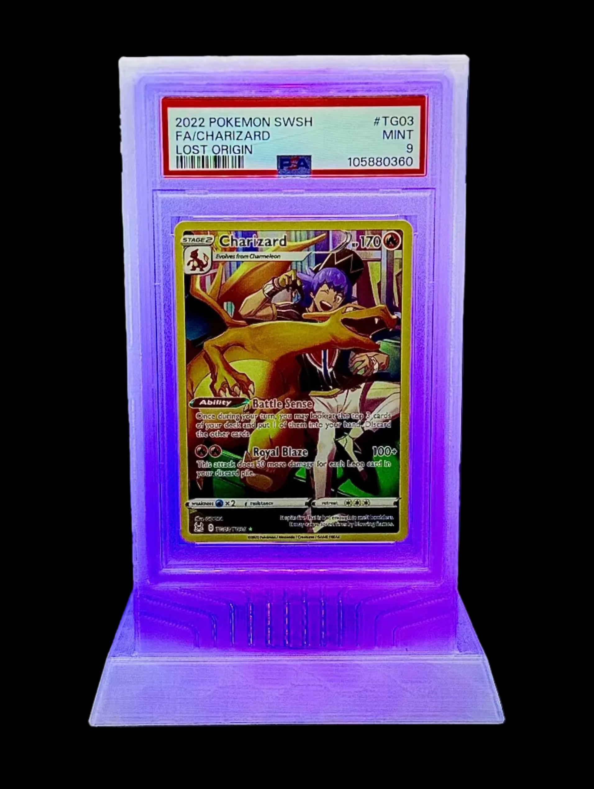 Lumint Onyx LED slab display for PSA (TCG) in purple — front view