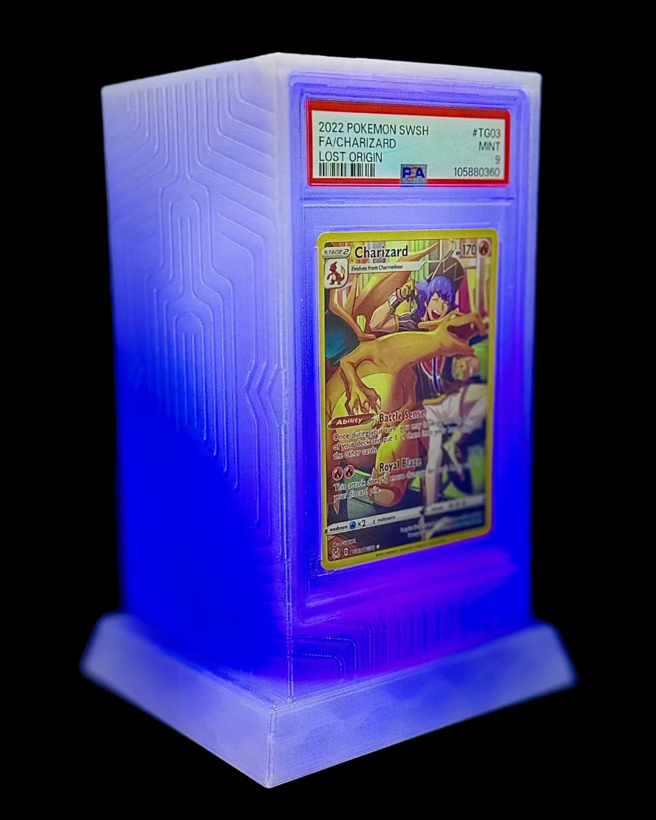 Lumint Onyx LED slab display for PSA (TCG) in purple — right side view