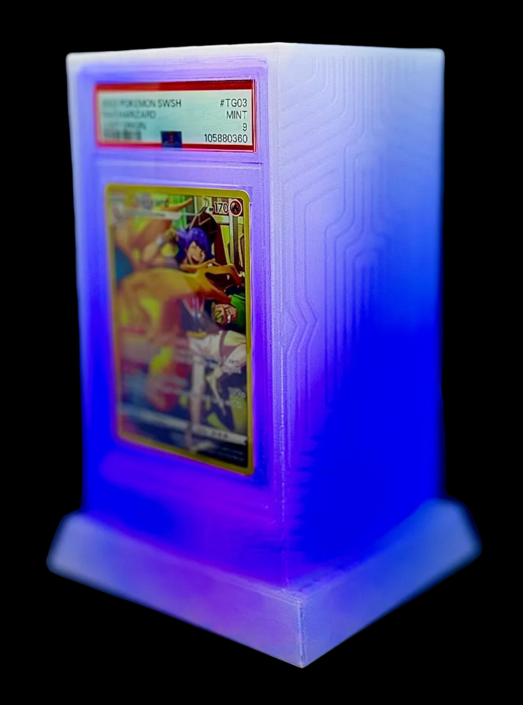 Lumint Onyx LED slab display for PSA (TCG) in purple — left side view